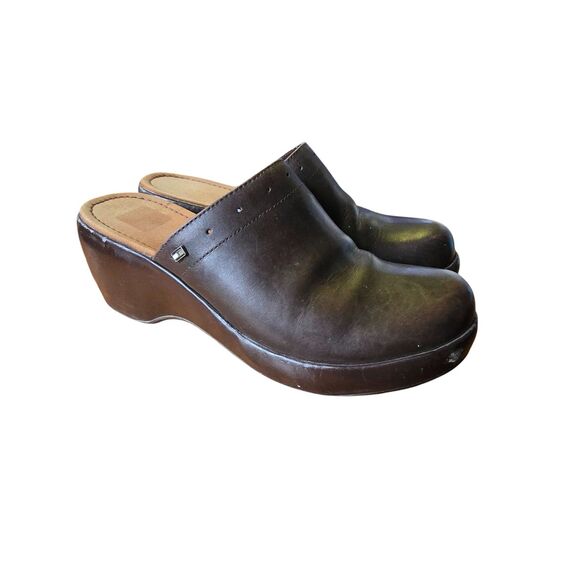 Tommy Hilfiger Shoes - VTG Tommy Hilfiger Brown Leather Platform Slip On Clogs Mules Chunky Heel Y2K 90